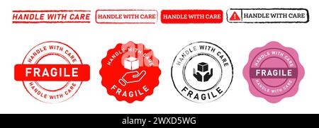 handle with care stamp and seal badge label sticker sign for protect packaging fragile breakable Stock Vector