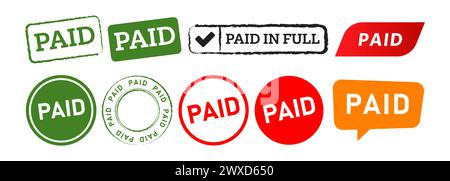 paid rectangle circle stamp and speech bubble label sticker sign confirmed paid in full granted Stock Vector