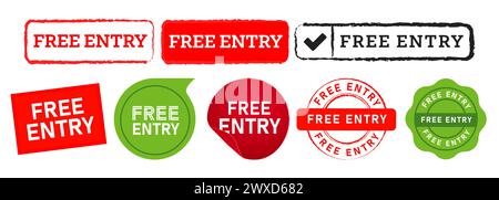 free entry rectangle circle stamp and speech bubble label sign for admission register Stock Vector