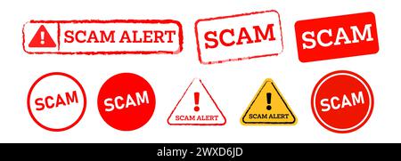 text scam red stamp label sticker sign for warning careful beware fraud crime risk Stock Vector