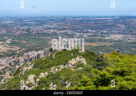 Panoramic aerial view from the Pena Palace of the Arab castle, built by the Moors, taken by the Vikings and conquered by the King of Portugal. In Sint Stock Photo