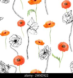 Hand drawn watercolor botanical illustration flowers leaves. Red poppy papaver, stems buds seedpods. Seamless pattern isolated white background Stock Photo