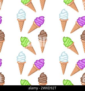 Multi-colored fruit ice cream in waffle cones. Seamless pattern. Vector illustration. Stock Vector