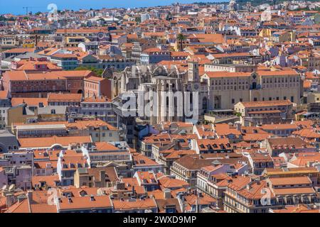 Aerial view from the Castle of Saint George with panoramic views of the Church of the Convento do Carmo and the Elevador de Santa Justa elevator, with Stock Photo