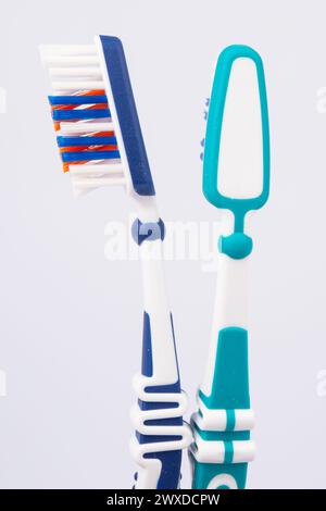 Colored toothbrushes. Isolated on white background. Stock Photo
