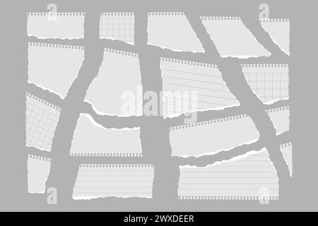 Pieces of torn note paper on grey background. A set of different abstract backgrounds with rough torn edges and jagged shapes. For collage, text box, Stock Vector