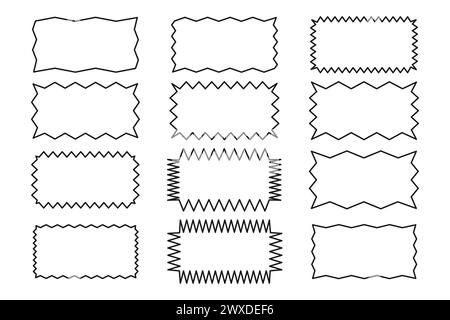 Outline of a jagged rectangle. A set of rectangular borders with a uneven zigzag edge. Black color. Design elements for text box, button, icon, tag, b Stock Vector