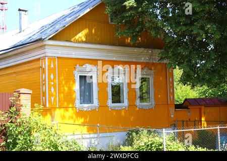 Borovsk, Russia - June 2019: Low-rise buildings of the city of Borovsk, a bright orange house on Gorky Street Stock Photo