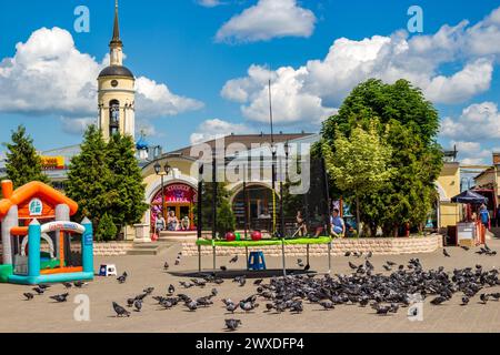 BOROVSK, RUSSIA - JUNE 2019: The central square in the city of Borovsk overlooking the bell tower and the shopping arcades Stock Photo