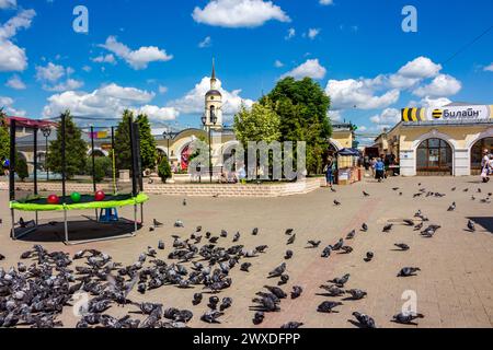 BOROVSK, RUSSIA - JUNE 2019: The central square in the city of Borovsk overlooking the bell tower and the shopping arcades Stock Photo