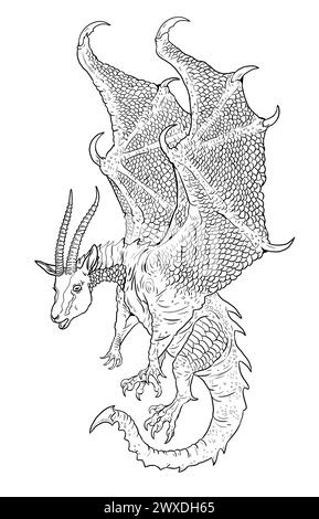 Coloring page with the animals mutants: a dragon with the head of an antelope. Coloring book with fantasy creatures. Stock Photo