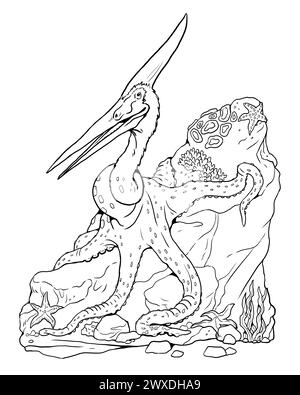 Coloring page with the animals mutants: an octopus with the head of a pteranodon. Coloring book with fantasy creatures. Stock Photo