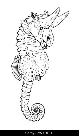 Coloring page with the animals mutants: a seahorse with the head of a prehistoric animal. Coloring book with fantasy creatures. Stock Photo