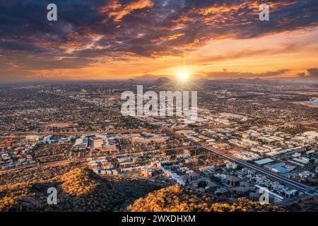 aerial view of gaborone capital city of Botswana at sunset, gaborone dam industrial and residential neighborhood late afternoon, high altitude Stock Photo