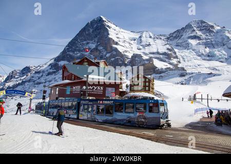 March 25, 2024: Skiers in the chairlift in the ski resort of ...