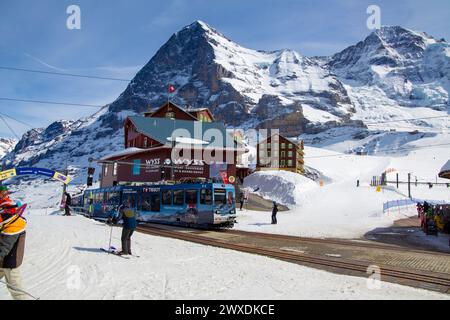 March 25, 2024: Skiers in the chairlift in the ski resort of ...