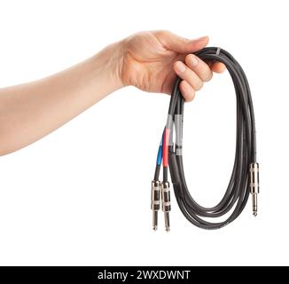 audio insert splitter cable in hand path isolated on white Stock Photo