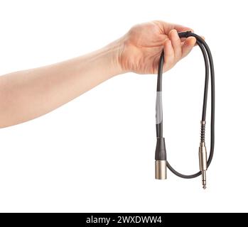 audio xlr trs cable in hand path isolated on white Stock Photo