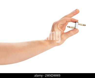 guitar pedal slider plug in hand path isolated on white Stock Photo