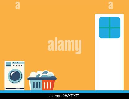 A orange laundry room with a front loading washing machine and a laundry basket with clothes in it. There is a white door in the background. Stock Vector