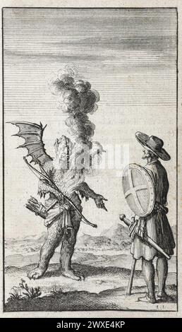 Christian meets Apollyon by Jan Luyken, 1684. Lithographic print.Apollyon, literally 'Destroyer', king/lord, god/leader of the City of Destruction. He is an image of Satan, who tries to force Christian to return to his domain and service. His battle with Christian takes place in the Valley of Humiliation. He appears as a huge demonic creature with scales, the mouth of a lion, feet of a bear, second mouth on his belly, and dragon's wings. Apollyon is finally defeated when Christian uses the Sword of the Spirit to wound him  Pilgrim's Progress, a 1678 Christian allegory written by John Bunyan Stock Photo