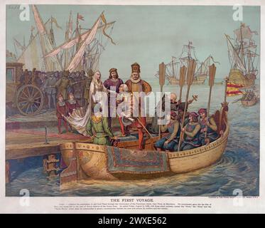 Late Victorian chromolithograph. The First voyage.  Published by The Prang Educational Co., 1893.. Christopher Columbus bidding farewell to the Queen of Spain on his departure for the New World, August 3, 1492. Stock Photo