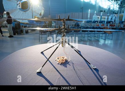 The aerial prototype of the Ingenuity Mars Helicopter is seen at the Smithsonian National Air and Space Museum's Steve F. Udvar-Hazy Center, 15 December 2023, in Chantilly, Va. The prototype, which was the first to demonstrate it was possible to fly in a simulated Mars environment at NASA's Jet Propulsion Laboratory (JPL), was donated to the museum on Friday.  An optimised version of an original NASA image.  . Mandatory credit: NASA/J.Kowsky Stock Photo