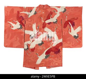 Japanese Furisode kimono with a Myriad of Flying Cranes, anonymous, 1910 - 1930   Formal long-sleeved kimono for an unmarried young woman (furisode), decorated all over with flying cranes.   Japan silk Stock Photo