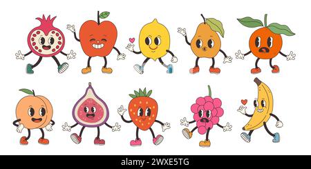Groovy fruits set. Hand draw Funny Retro vintage trendy style fruits cartoon character. Doodle Comic collection Stock Vector