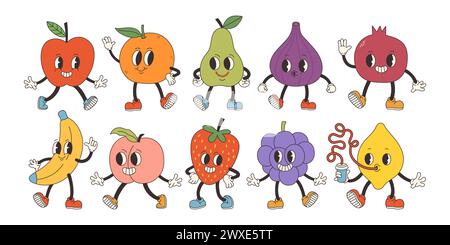Groovy fruits set. Hand draw Funny Retro vintage trendy style fruits cartoon character. Doodle Comic collection Stock Vector