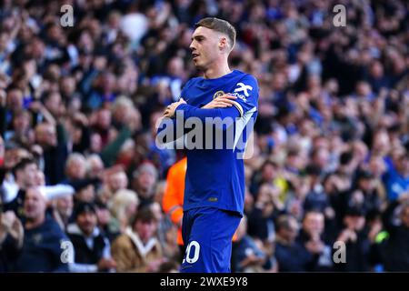 Chelsea's Cole Palmer celebrates scoring their side's second goal of the game during the Premier League match at Stamford Bridge, London. Picture date: Saturday March 30, 2024. Stock Photo