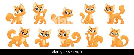 A set of ten cute orange kittens with blue eyes in different poses. A small cute cat with a charming look poses. Vector cartoon Stock Vector