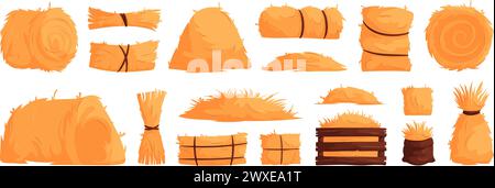 Set of hay bales, piles, heaps and stacks. Straw in rolls, squares, bags. Dry grass, bundles of farm feed. Cartoon vector illustration of haystacks. Stock Vector