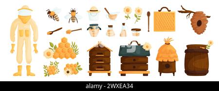 Set of honey products. Jar, bee insect, ladle, honeycomb, flowers, beehive and barrel. Honey and apiary production or equipment. Natural organic Stock Vector