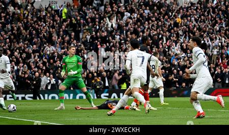 London, UK. 30th Mar, 2024. Heung-Min Son of Tottenham Hotspur (7) celebrates after scoring his teams 2nd goal. Premier League match, Tottenham Hotspur v Luton Town at the Tottenham Hotspur Stadium in London on Saturday 30th March 2024. this image may only be used for Editorial purposes. Editorial use only pic by Sandra Mailer/Andrew Orchard sports photography/Alamy Live news Credit: Andrew Orchard sports photography/Alamy Live News Stock Photo