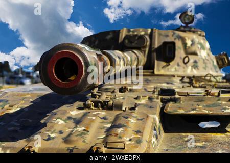 Battlefield tanks and technology. military technology. Wide image for banners, advertisements. The muzzle of the tank in close-up Stock Photo