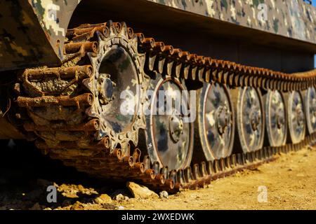 Battlefield tanks and technology. military technology. Wide image for banners, advertisements. Caterpillars in close-up. Stock Photo