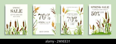 Spring sale cover brochure set in flat design. Poster templates with discount promotions and special offer cards with reed plants and rushes foliage, Stock Vector