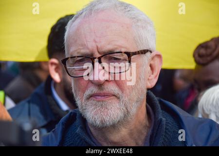 London, UK. 30th Mar, 2024. Former Labour leader Jeremy Corbyn takes part in the protest. Tens of thousands of people marched in solidarity with Palestine in Central London, calling for a ceasefire as the Israel-Hamas war continues. Credit: SOPA Images Limited/Alamy Live News Stock Photo