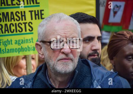 London, UK. 30th Mar, 2024. Former Labour leader Jeremy Corbyn takes part in the protest. Tens of thousands of people marched in solidarity with Palestine in Central London, calling for a ceasefire as the Israel-Hamas war continues. (Photo by Vuk Valcic/SOPA Images/Sipa USA) Credit: Sipa USA/Alamy Live News Stock Photo