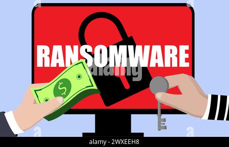 Computer ransomware concept, handing over cash to unlock system Stock Vector