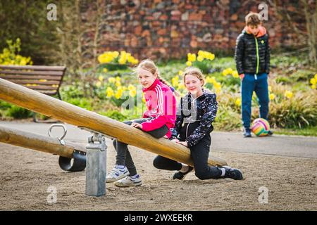 Oslavany, Czech Republic. 30th Mar, 2024. Children playing in the park on a warm spring day, March 30, 2024, Oslavany, Brno district, South Moravian Region. Credit: Patrik Uhlir/CTK Photo/Alamy Live News Stock Photo