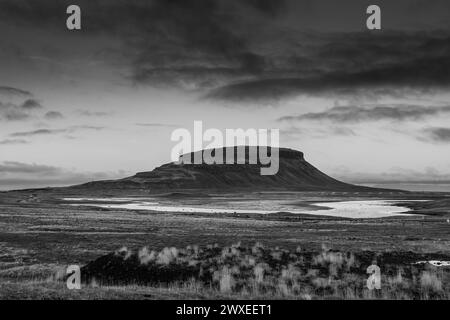 View of the mountains from the Kirkjufell in black and white, Iceland Stock Photo