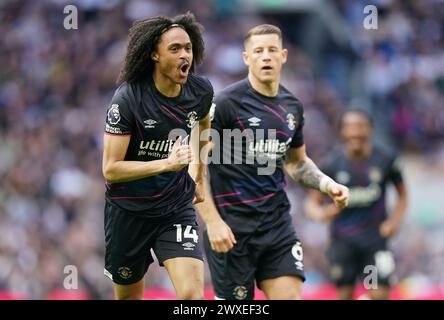 LONDON, ENGLAND - MARCH 30: Tahith Chong of Luton Town celebrating his goal to make it 0-1 during the Premier League match between Tottenham Hotspur and Luton Town at Tottenham Hotspur Stadium on March 30, 2024 in London, England.(Photo by Dylan Hepworth/MB Media) Stock Photo