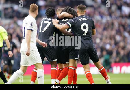 LONDON, ENGLAND - MARCH 30: Tahith Chong of Luton Town celebrating his goal to make it 0-1 during the Premier League match between Tottenham Hotspur and Luton Town at Tottenham Hotspur Stadium on March 30, 2024 in London, England.(Photo by Dylan Hepworth/MB Media) Stock Photo