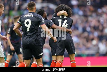 LONDON, ENGLAND - MARCH 30: Tahith Chong of Luton Town celebrating his goal to make it 0-1 during the Premier League match between Tottenham Hotspur and Luton Town at Tottenham Hotspur Stadium on March 30, 2024 in London, England.(Photo by Dylan Hepworth/MB Media) Stock Photo