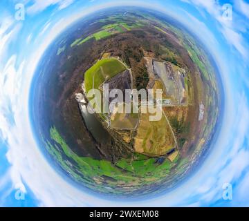 Luftbild, Sonderabfalldeponie Hünxe-Schermbeck der AGR mbH im Waldgebiet Steinbach Landschaftsschutzgebiet, Erdkugel, Fisheye Aufnahme, Fischaugen Aufnahme, 360 Grad Aufnahme, tiny world, little planet, fisheye Bild, Gartrop, Hünxe, Nordrhein-Westfalen, Deutschland ACHTUNGxMINDESTHONORARx60xEURO *** Aerial view, hazardous waste landfill Hünxe Schermbeck of AGR mbH in the forest area Steinbach landscape conservation area, earth globe, fisheye image, fisheye image, 360 degree image, tiny world, little planet, fisheye image, Gartrop, Hünxe, North Rhine-Westphalia, Germany ATTENTIONxMINDESTHONORAR Stock Photo