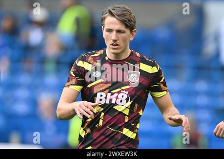London, UK. 30th Mar 2024. Sander Berge (16 Burnley) warms up during the Premier League match between Chelsea and Burnley at Stamford Bridge, London on Saturday 30th March 2024. (Photo: Kevin Hodgson | MI News) Credit: MI News & Sport /Alamy Live News Stock Photo