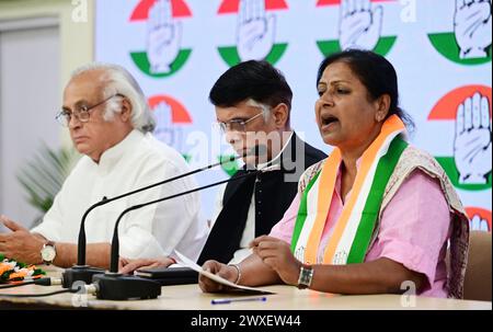 New Delhi, India. 30th Mar, 2024. NEW DELHI, INDIA - MARCH 30: Tejaswini Gowda from Karnataka, joins Congress Party in the presence of party leaders Pawan Khera and Jairam Ramesh at AICC, on March 30, 2024 in New Delhi, India. Days after resigning as an MLC (member of legislative council) in Karnataka, the BJP's Tejaswini Gowda joined the Congress, declaring that the saffron party does not believe in Constitutional and democratic values. (Photo by Vipin Kumar/Hindustan Times/Sipa USA ) Credit: Sipa USA/Alamy Live News Stock Photo