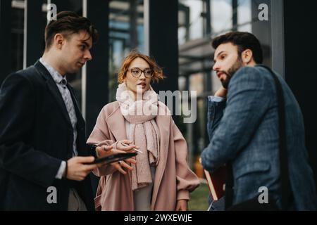 Business colleagues collaborating on a project outdoors Stock Photo